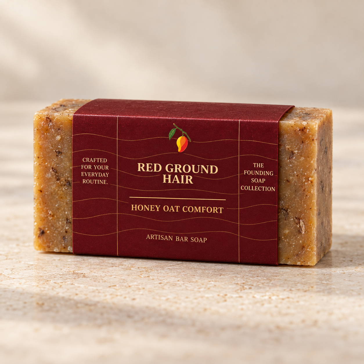 Honey Oat Comfort artisan bar soap in its Imperial Maroon Red Ground Hair sleeve